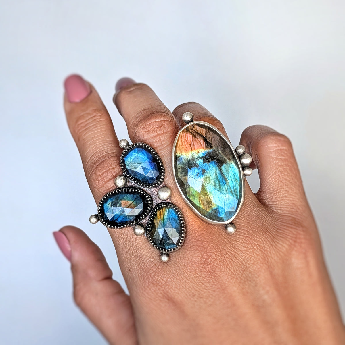 Faceted Labradorite Statement Ring- Sterling Silver and Copper Art Nouveau Open Band Ring, Adjustable Size 8–9
