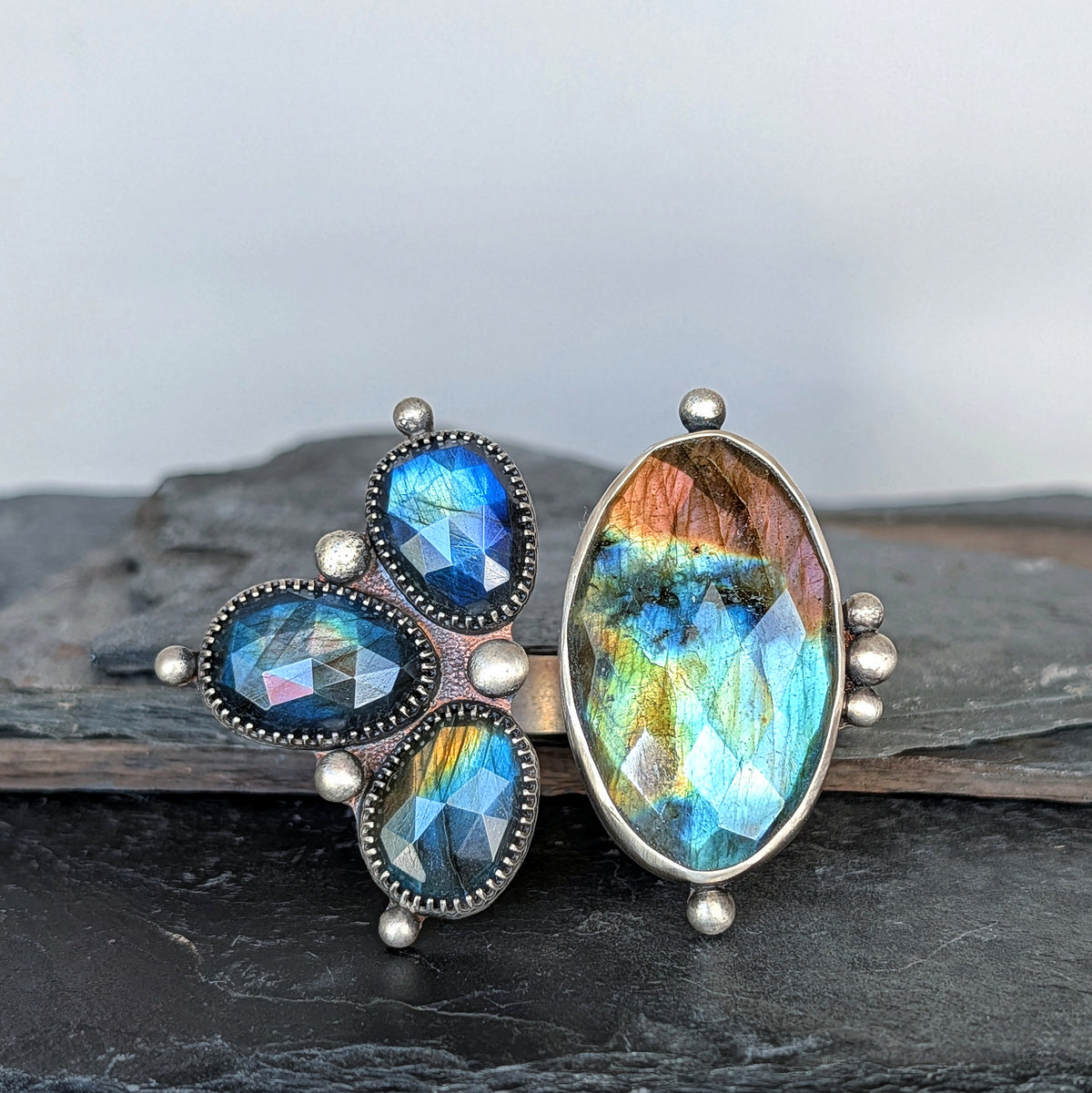 Faceted Labradorite Statement Ring- Sterling Silver and Copper Art Nouveau Open Band Ring, Adjustable Size 8–9