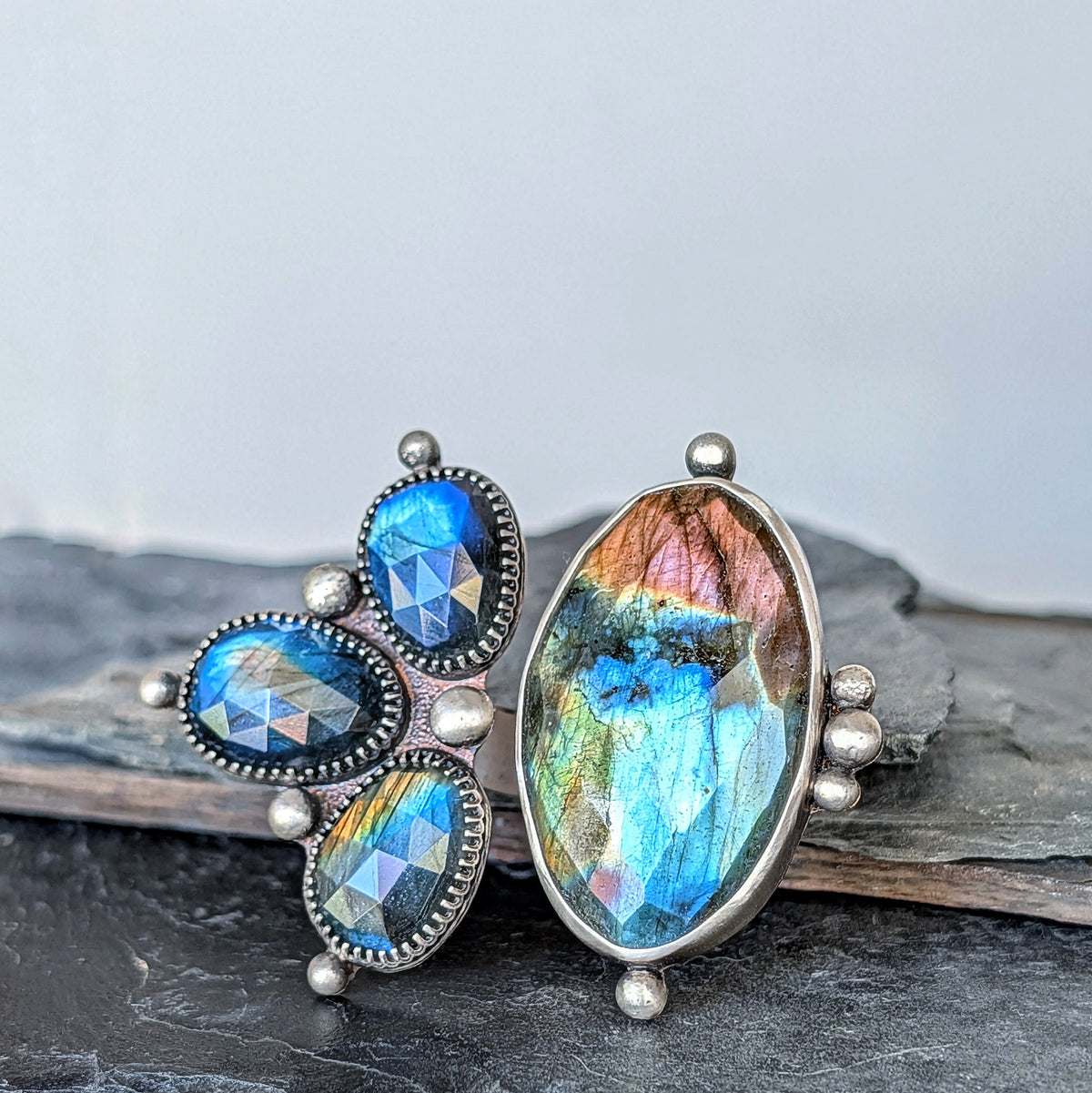 Faceted Labradorite Statement Ring- Sterling Silver and Copper Art Nouveau Open Band Ring, Adjustable Size 8–9
