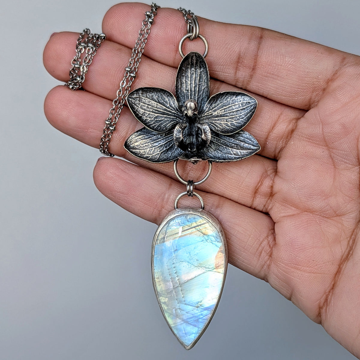 AAA Rainbow Moonstone and Genuine Cast Orchid Statement Necklace- Sterling Silver Botanical Jewelry