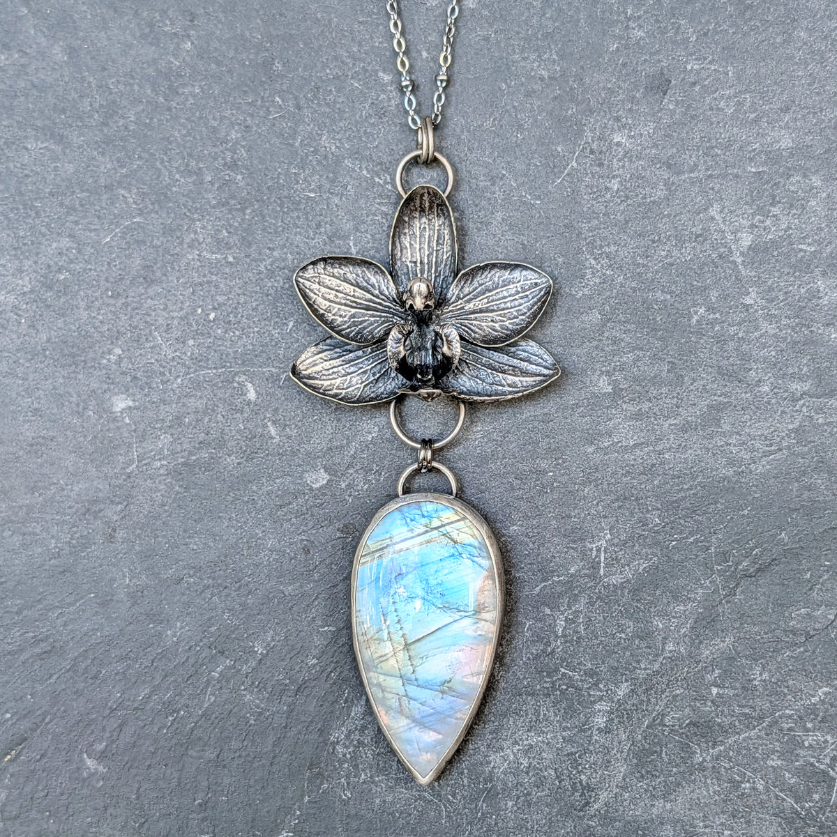 AAA Rainbow Moonstone and Genuine Cast Orchid Statement Necklace- Sterling Silver Botanical Jewelry