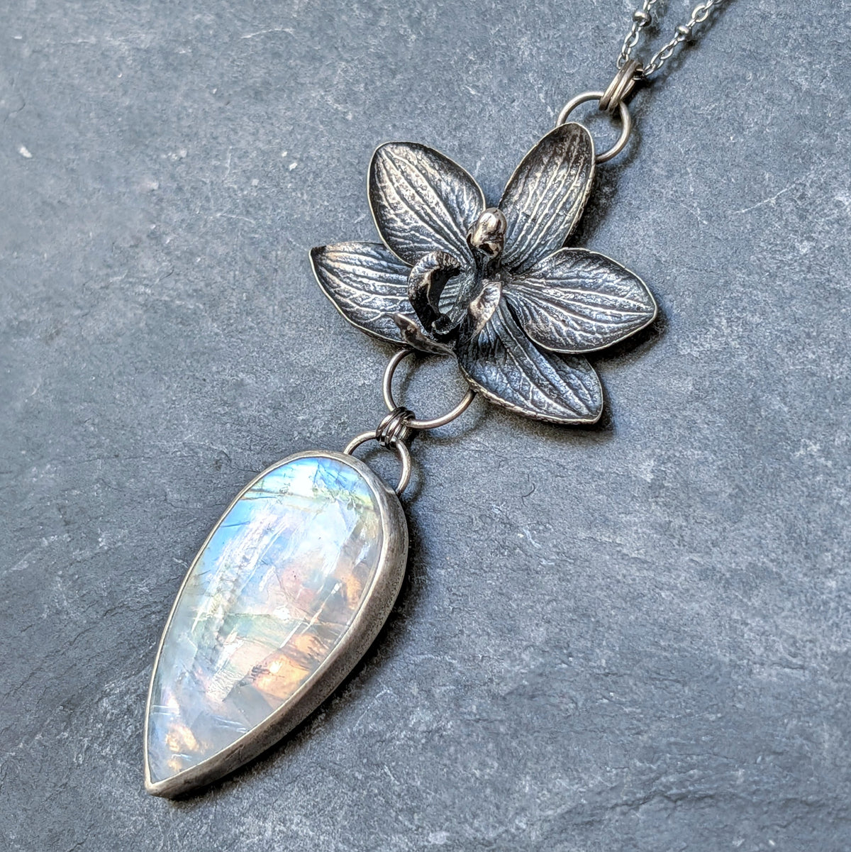 AAA Rainbow Moonstone and Genuine Cast Orchid Statement Necklace- Sterling Silver Botanical Jewelry