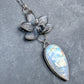 AAA Rainbow Moonstone and Genuine Cast Orchid Statement Necklace- Sterling Silver Botanical Jewelry