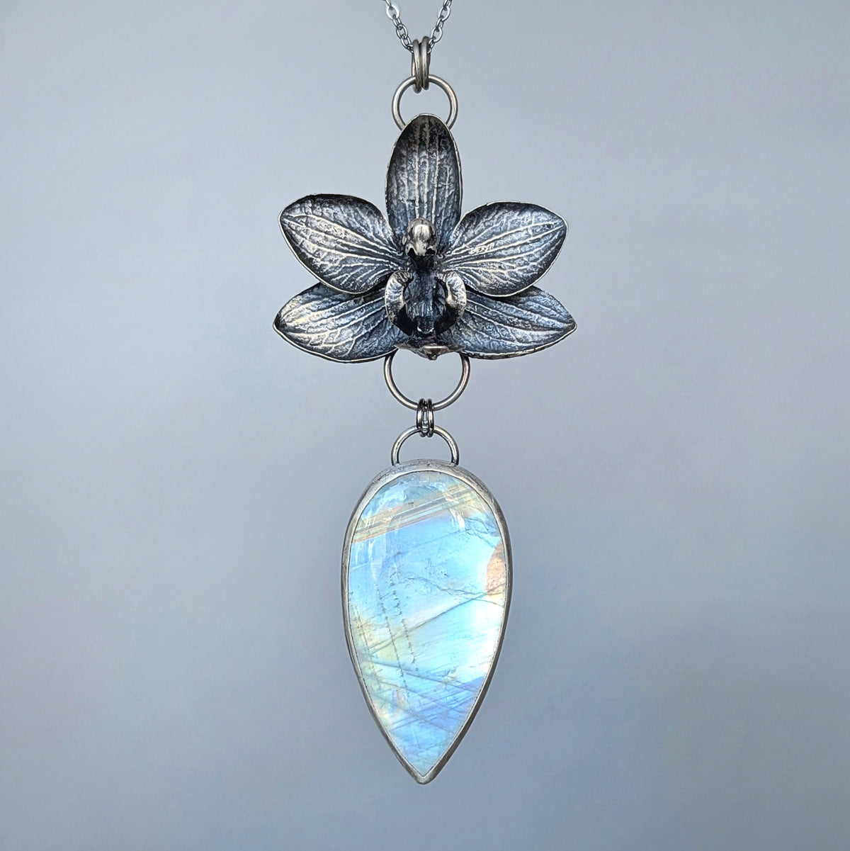 AAA Rainbow Moonstone and Genuine Cast Orchid Statement Necklace- Sterling Silver Botanical Jewelry