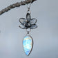 AAA Rainbow Moonstone and Genuine Cast Orchid Statement Necklace- Sterling Silver Botanical Jewelry