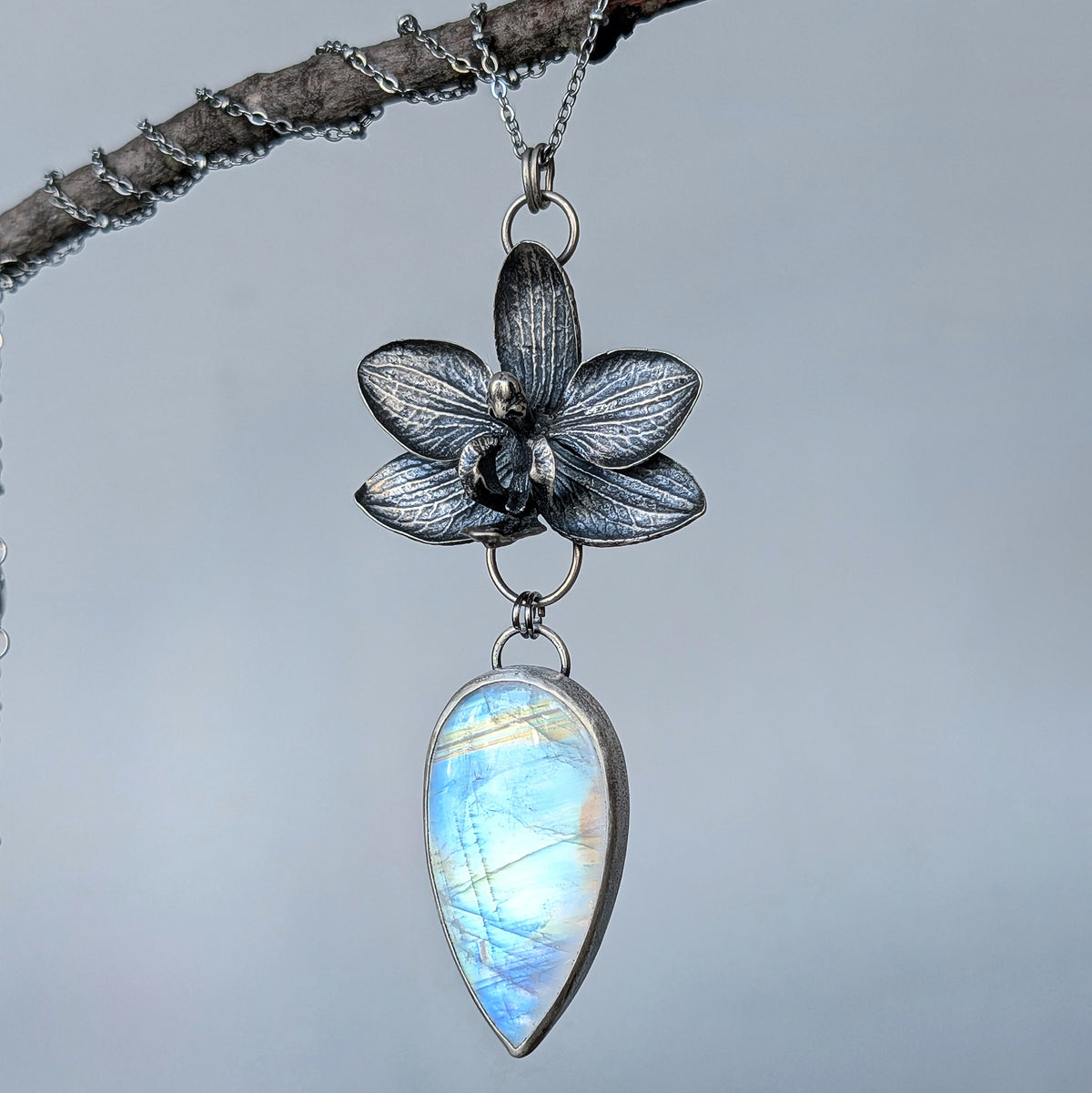 AAA Rainbow Moonstone and Genuine Cast Orchid Statement Necklace- Sterling Silver Botanical Jewelry
