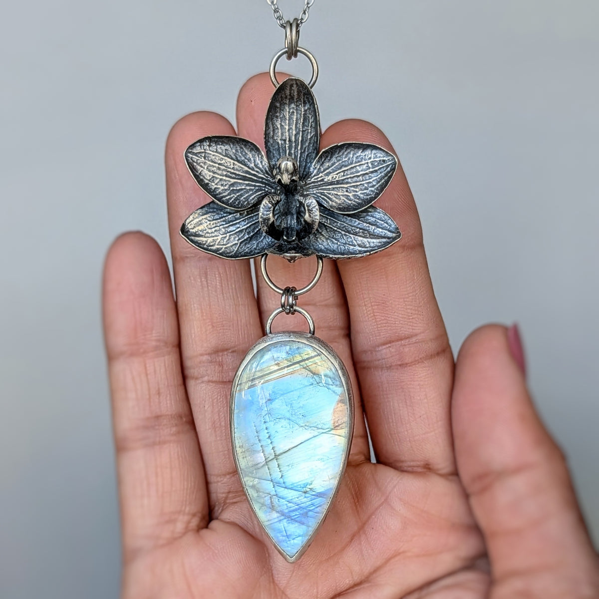 AAA Rainbow Moonstone and Genuine Cast Orchid Statement Necklace- Sterling Silver Botanical Jewelry