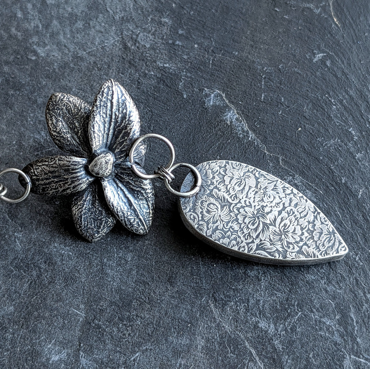 AAA Rainbow Moonstone and Genuine Cast Orchid Statement Necklace- Sterling Silver Botanical Jewelry
