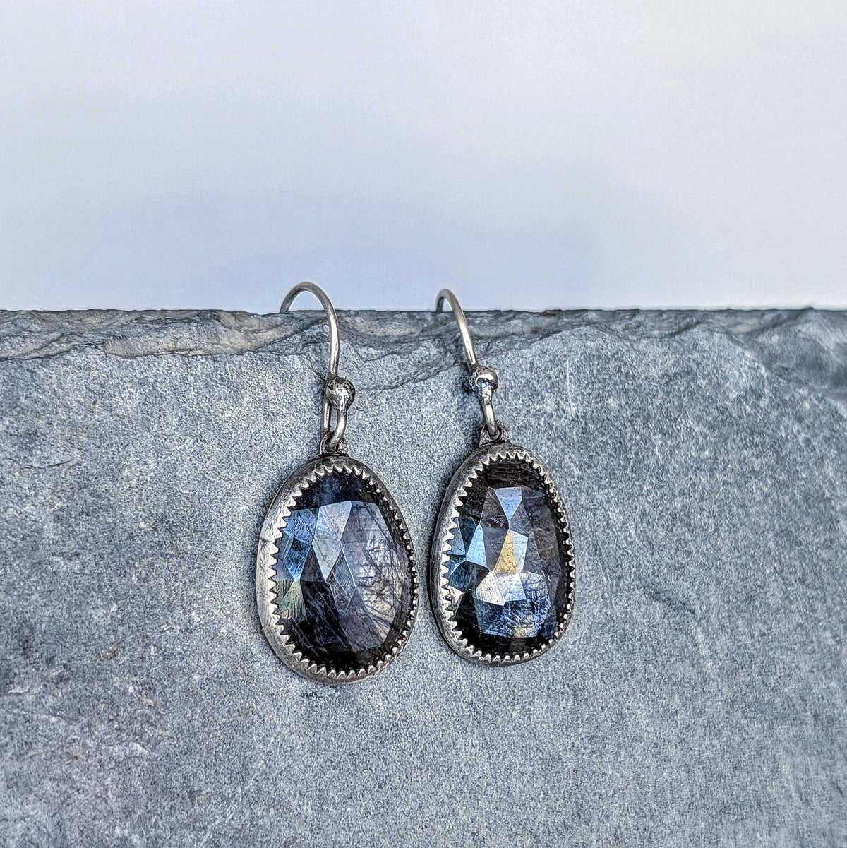Dark Gray Sapphire Dangle Earrings- Faceted Sapphire, Sterling Silver and Copper Art Nouveau Jewelry