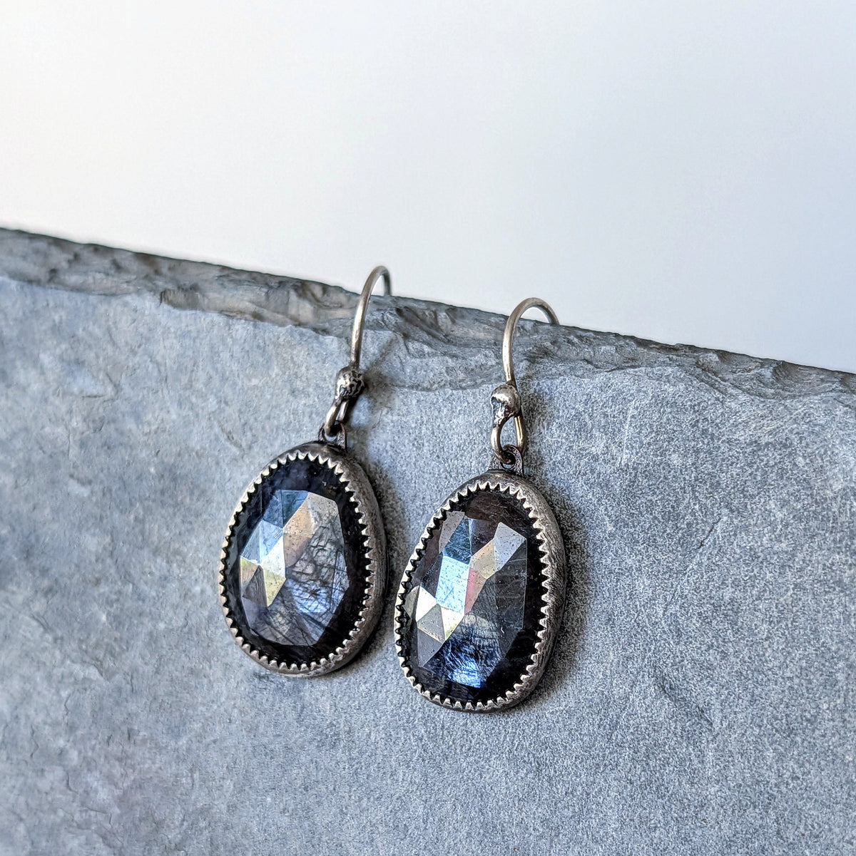 Dark Gray Sapphire Dangle Earrings- Faceted Sapphire, Sterling Silver and Copper Art Nouveau Jewelry