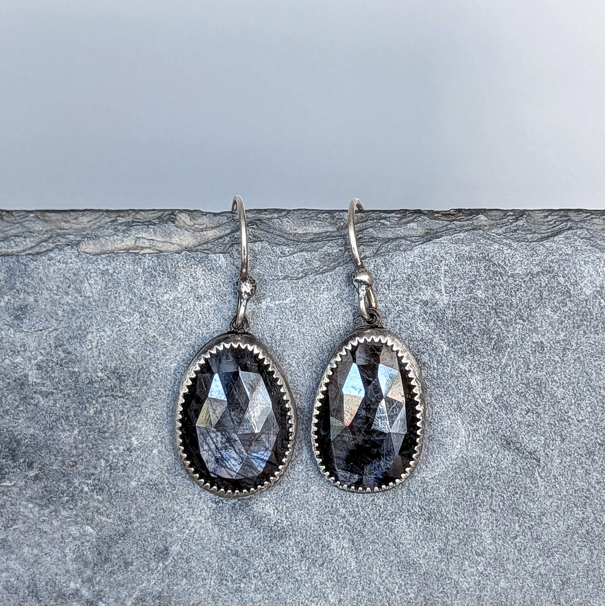 Dark Gray Sapphire Dangle Earrings- Faceted Sapphire, Sterling Silver and Copper Art Nouveau Jewelry