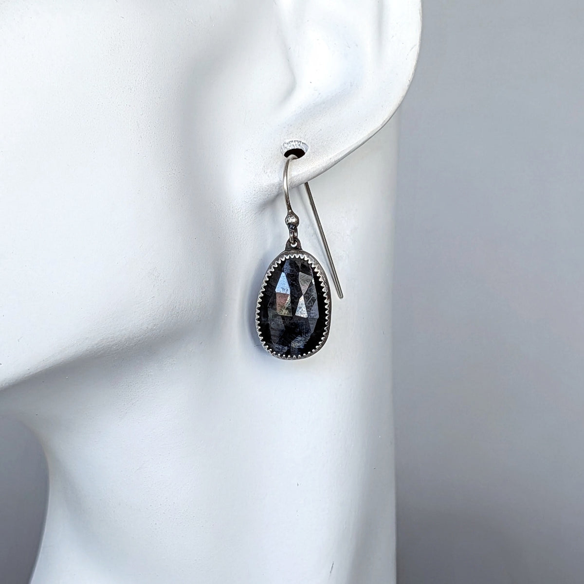 Dark Gray Sapphire Dangle Earrings- Faceted Sapphire, Sterling Silver and Copper Art Nouveau Jewelry