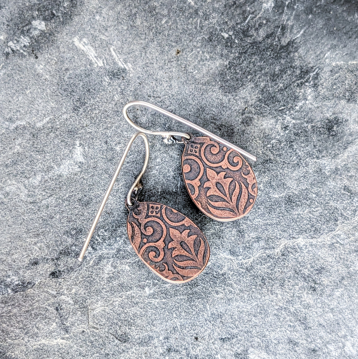 Dark Gray Sapphire Dangle Earrings- Faceted Sapphire, Sterling Silver and Copper Art Nouveau Jewelry