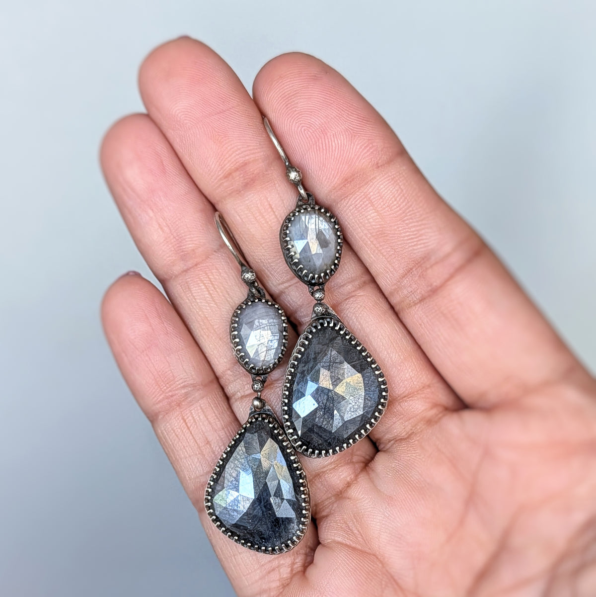 Two-Tone Gray Sapphire Statement Earrings- Sterling Silver and Copper Art Nouveau Dangles