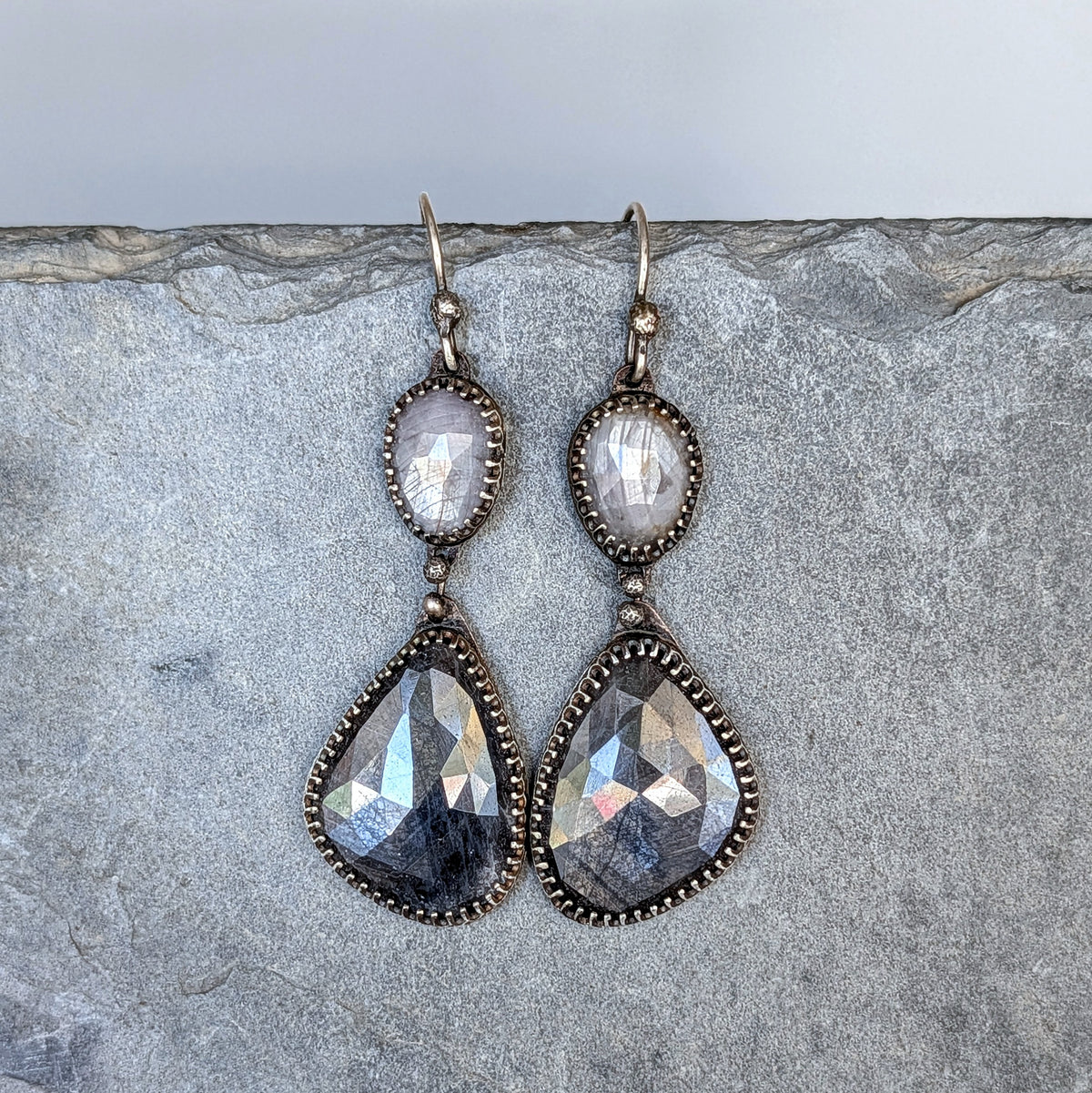 Two-Tone Gray Sapphire Statement Earrings- Sterling Silver and Copper Art Nouveau Dangles