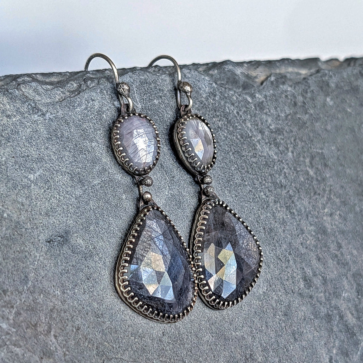 Two-Tone Gray Sapphire Statement Earrings- Sterling Silver and Copper Art Nouveau Dangles