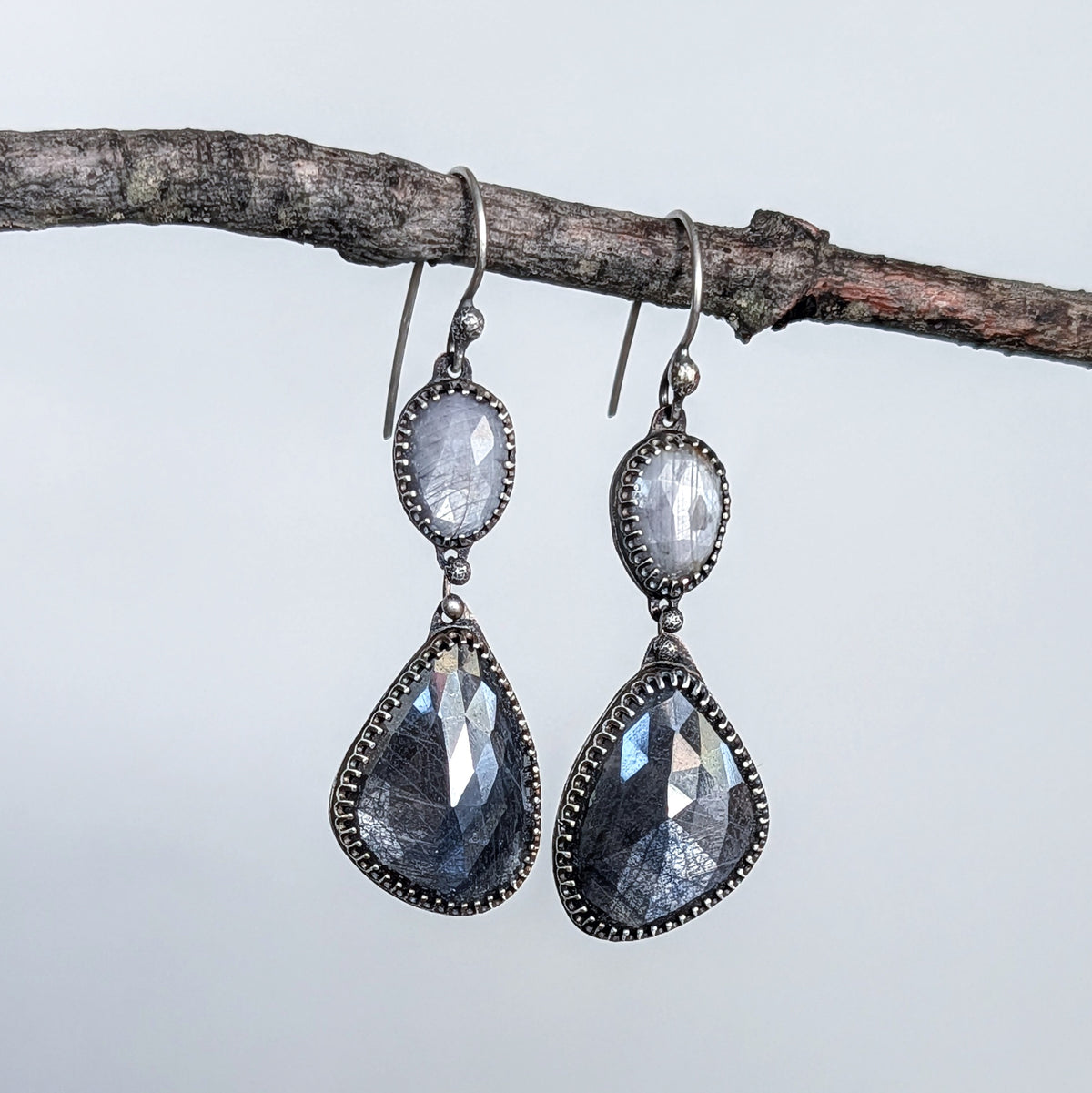 Two-Tone Gray Sapphire Statement Earrings- Sterling Silver and Copper Art Nouveau Dangles