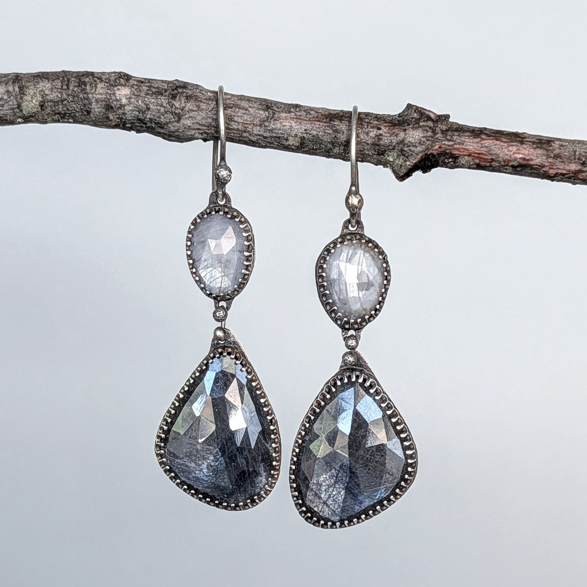 Two-Tone Gray Sapphire Statement Earrings- Sterling Silver and Copper Art Nouveau Dangles