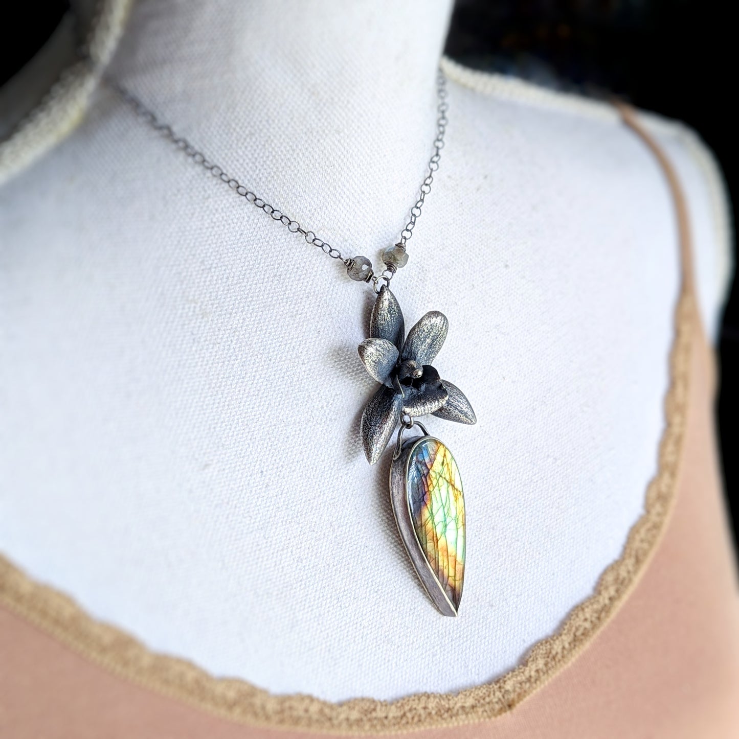 Enchanted Orchid- a solid sterling silver orchid and rainbow labradorite statement necklace