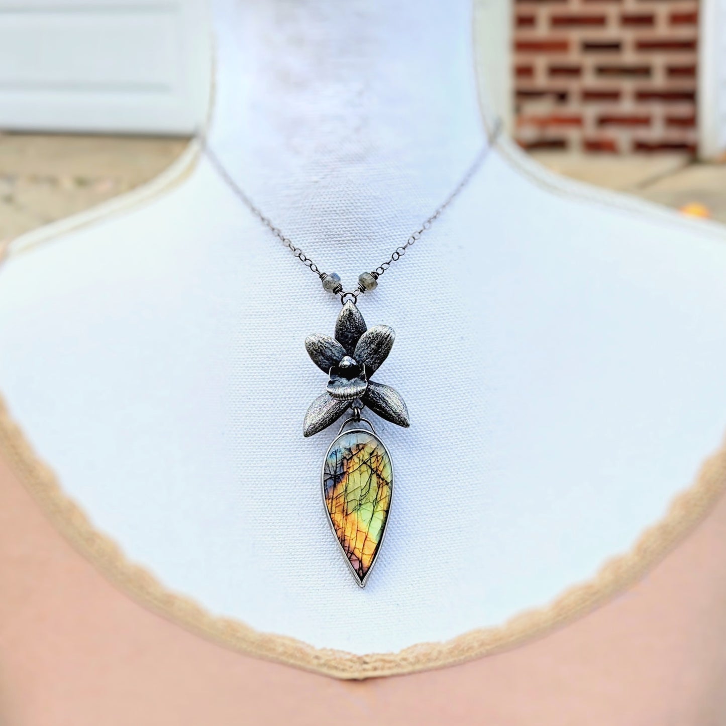 Enchanted Orchid- a solid sterling silver orchid and rainbow labradorite statement necklace