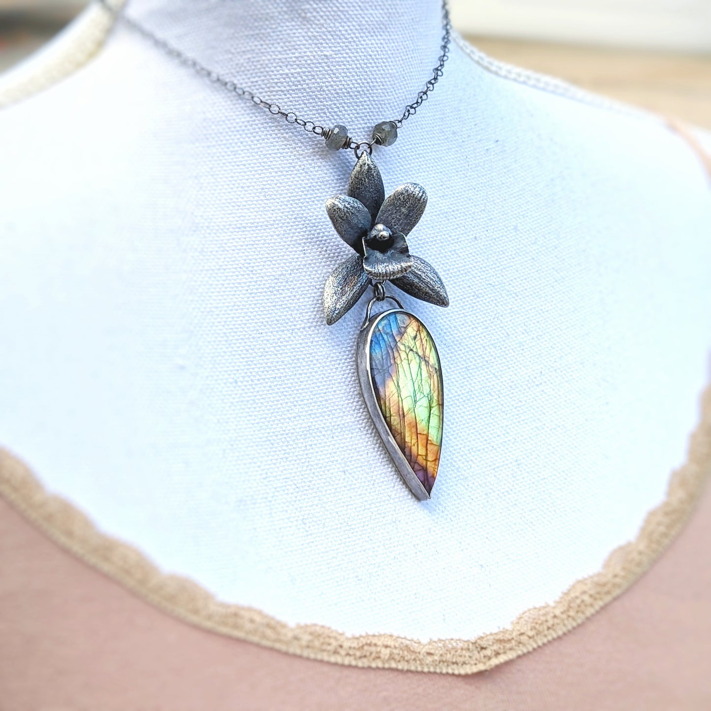 Enchanted Orchid- a solid sterling silver orchid and rainbow labradorite statement necklace