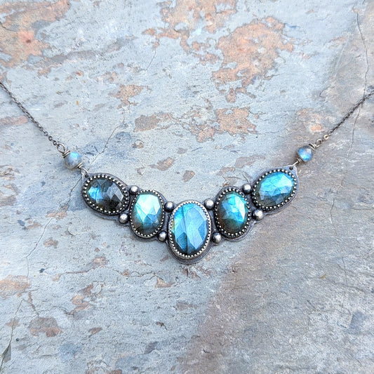 Faceted aqua labradorite collar statement necklace