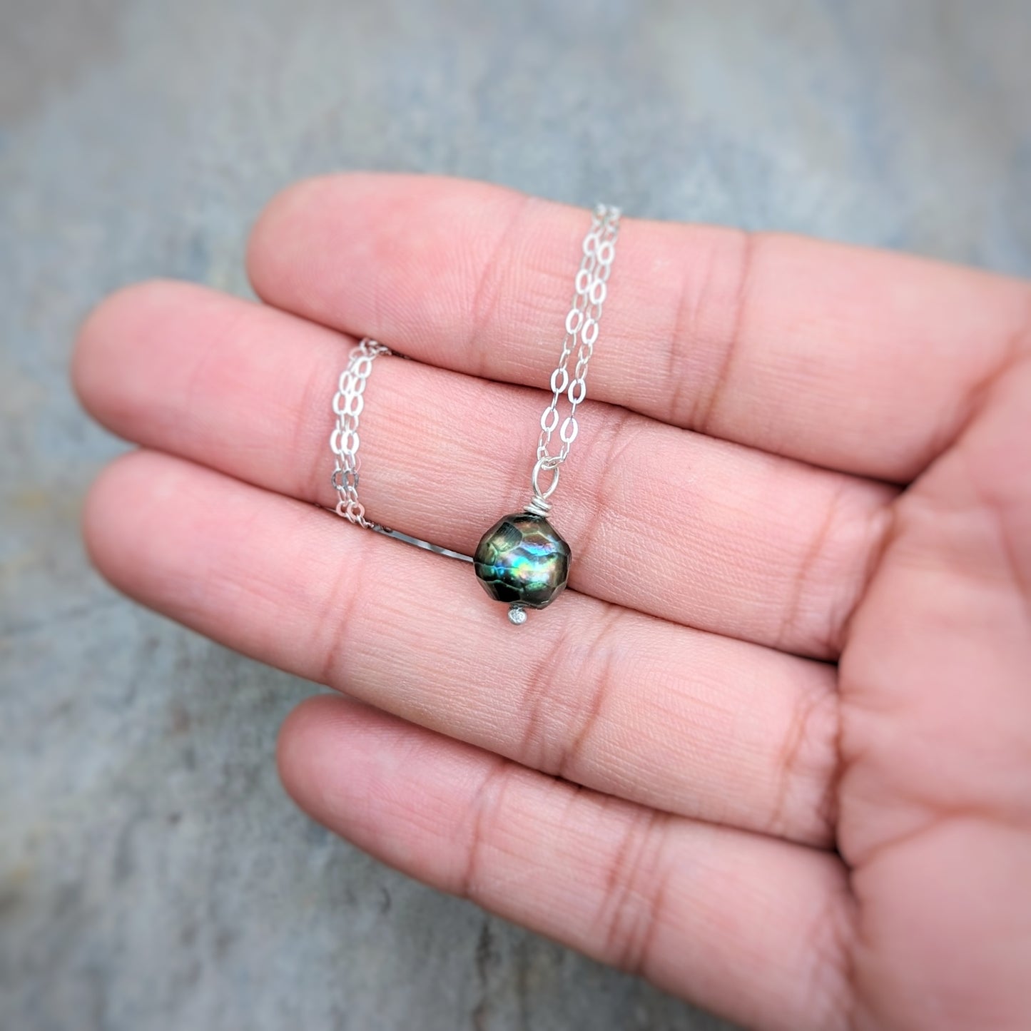 Faceted iridescent green pearl dainty necklace