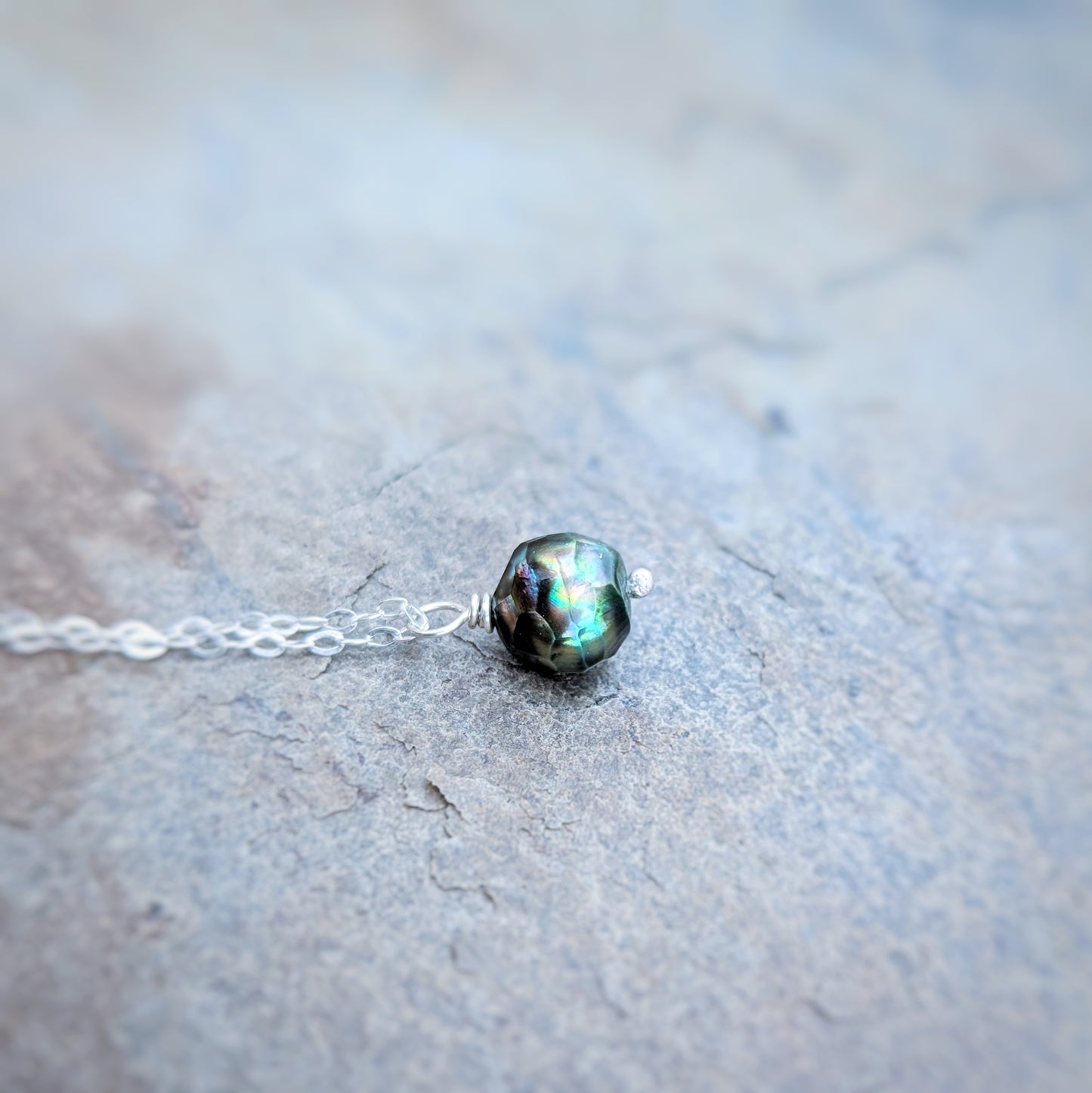 Faceted iridescent green pearl dainty necklace