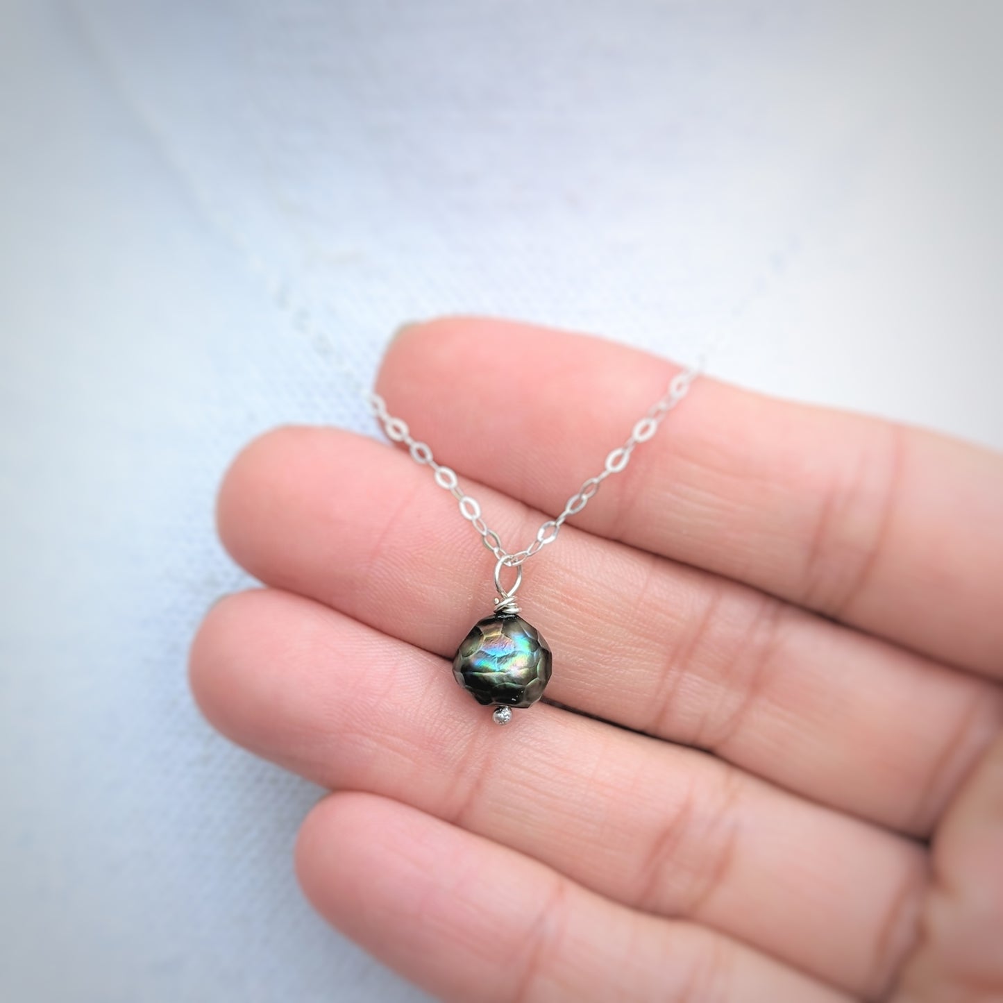 Faceted iridescent green pearl dainty necklace