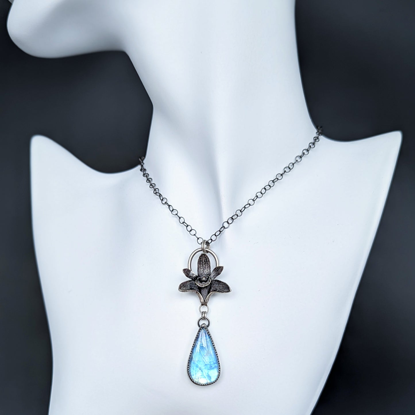 Enchanted Orchid-Moonstone; sterling silver orchid and rainbow moonstone necklace