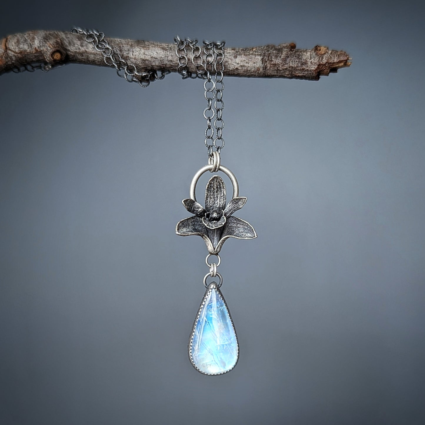 Enchanted Orchid-Moonstone; sterling silver orchid and rainbow moonstone necklace