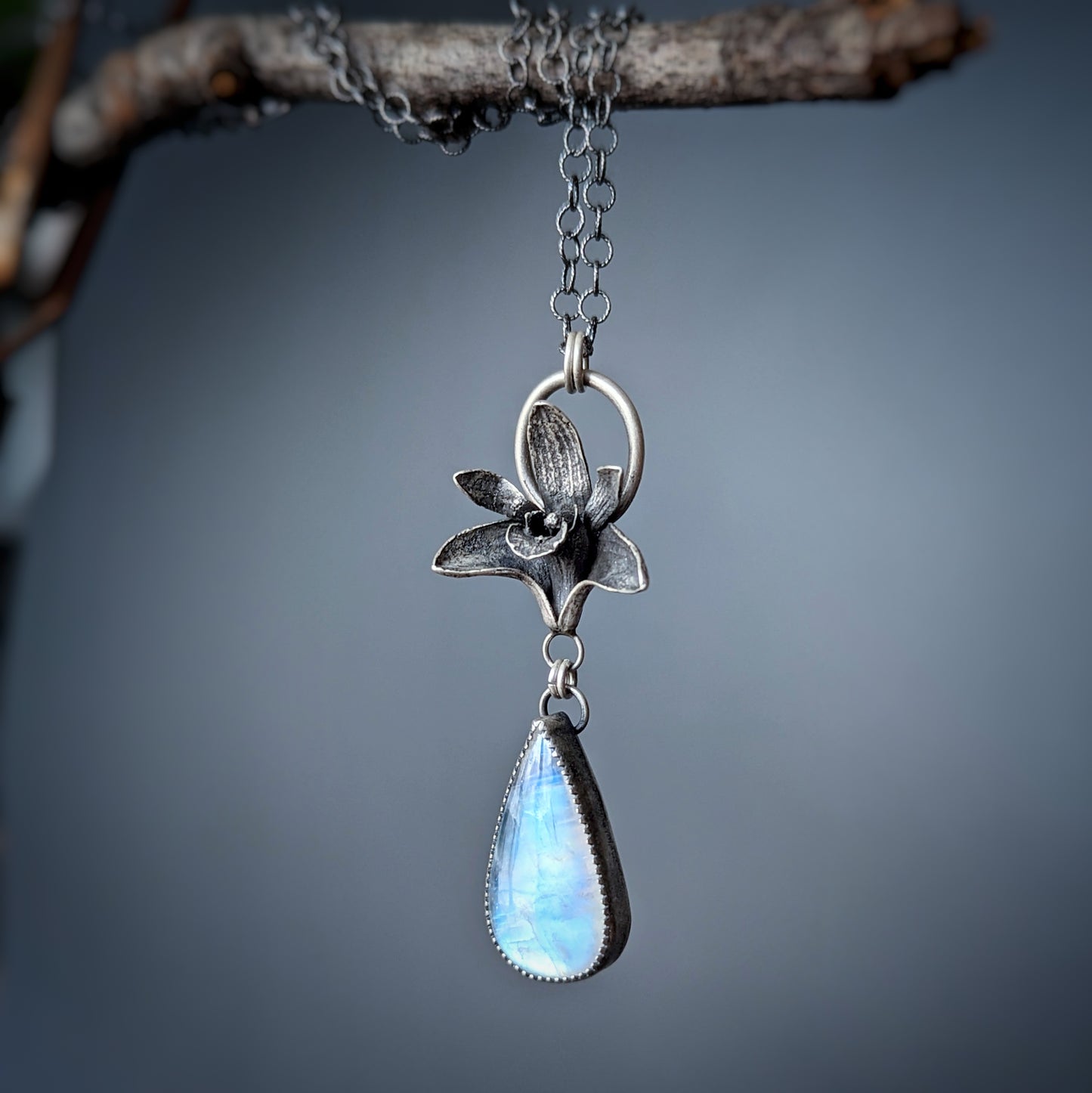 Enchanted Orchid-Moonstone; sterling silver orchid and rainbow moonstone necklace