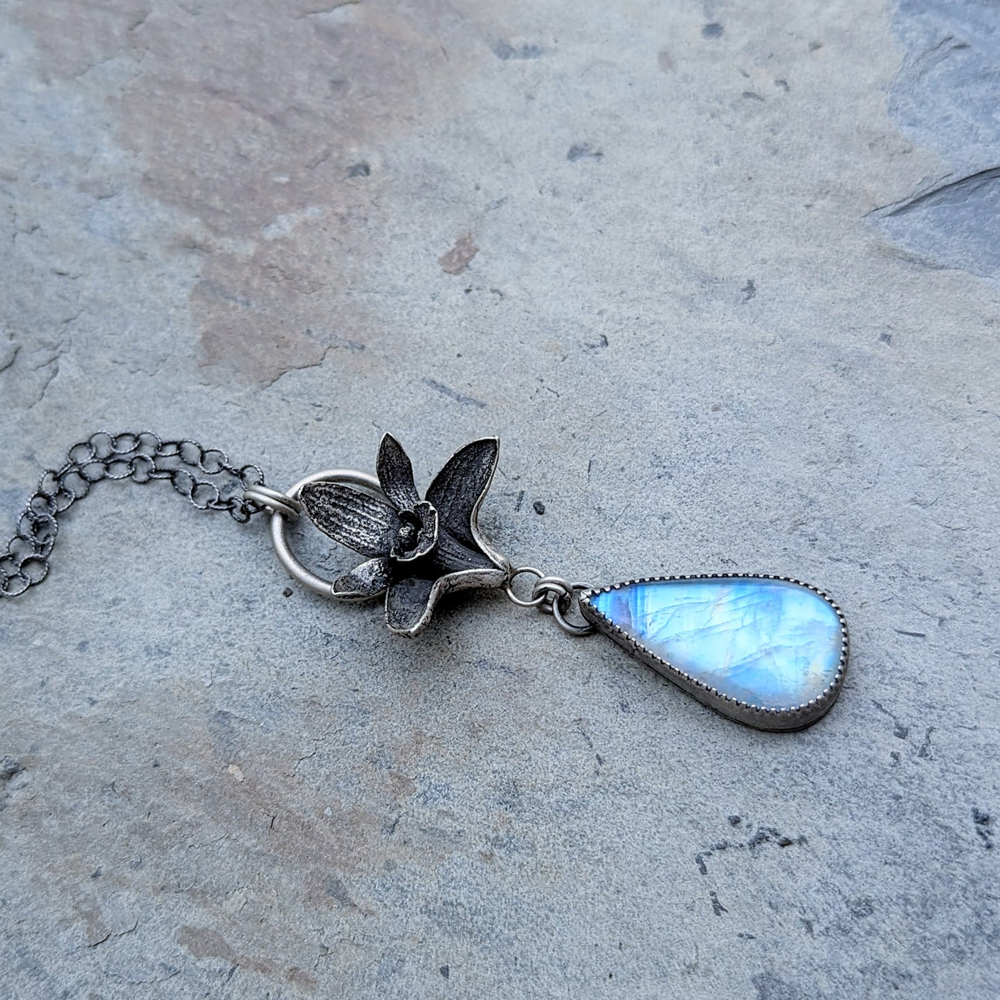 Enchanted Orchid-Moonstone; sterling silver orchid and rainbow moonstone necklace