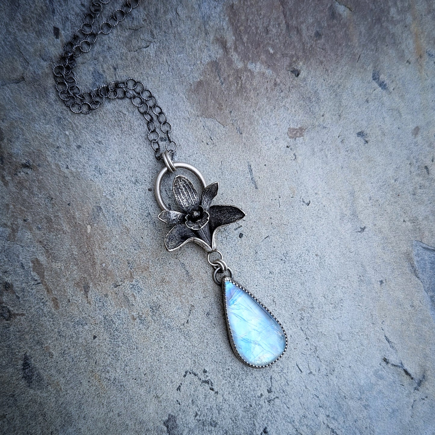 Enchanted Orchid-Moonstone; sterling silver orchid and rainbow moonstone necklace