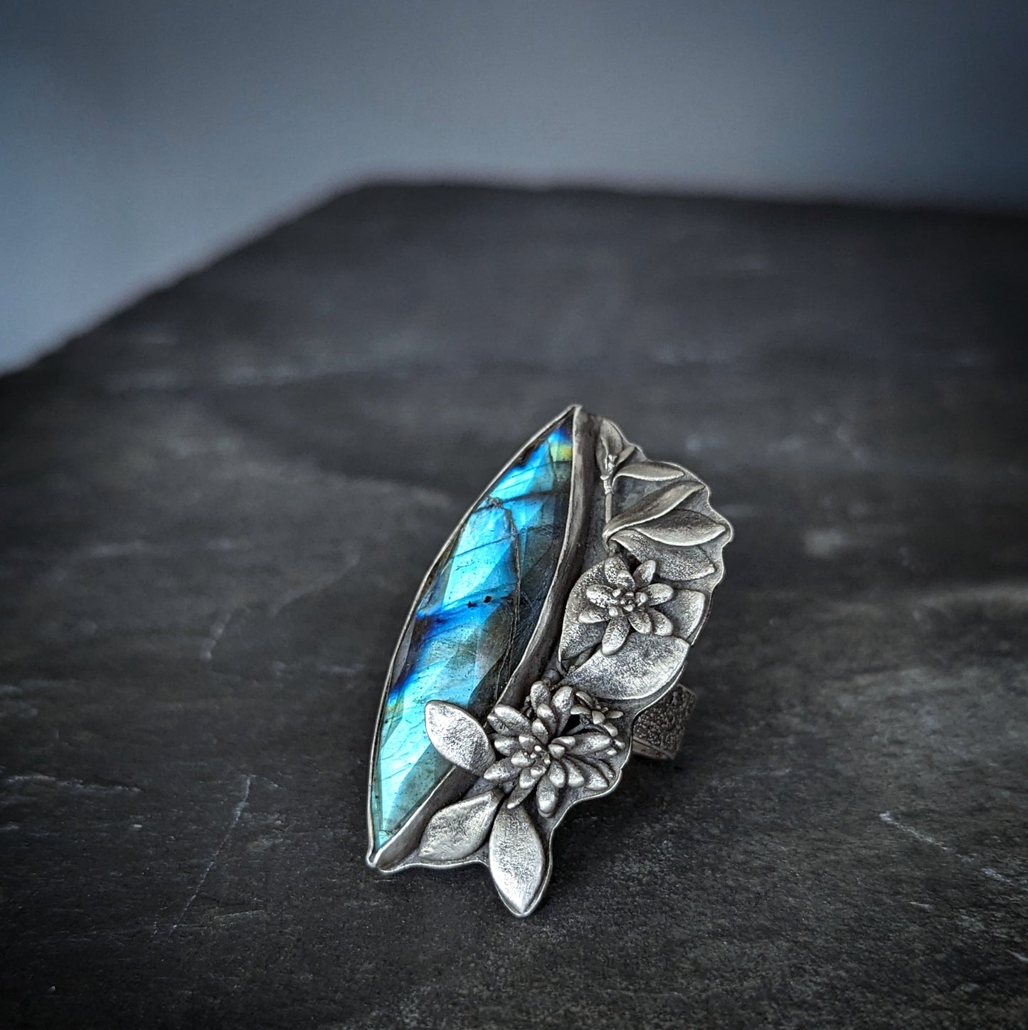 Midnight Garden- artisan sterling silver botanical ring with faceted labradorite