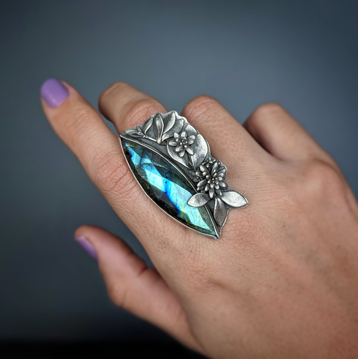 Midnight Garden- artisan sterling silver botanical ring with faceted labradorite