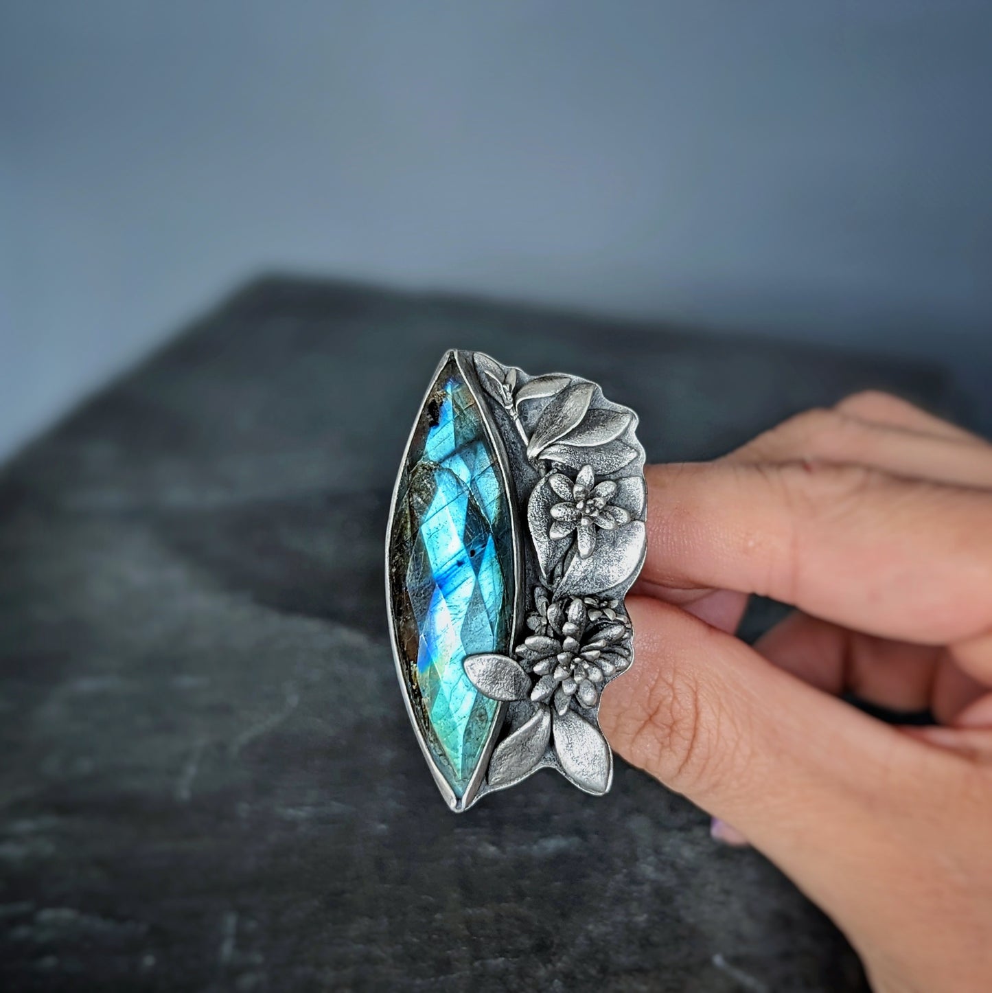 Midnight Garden- artisan sterling silver botanical ring with faceted labradorite