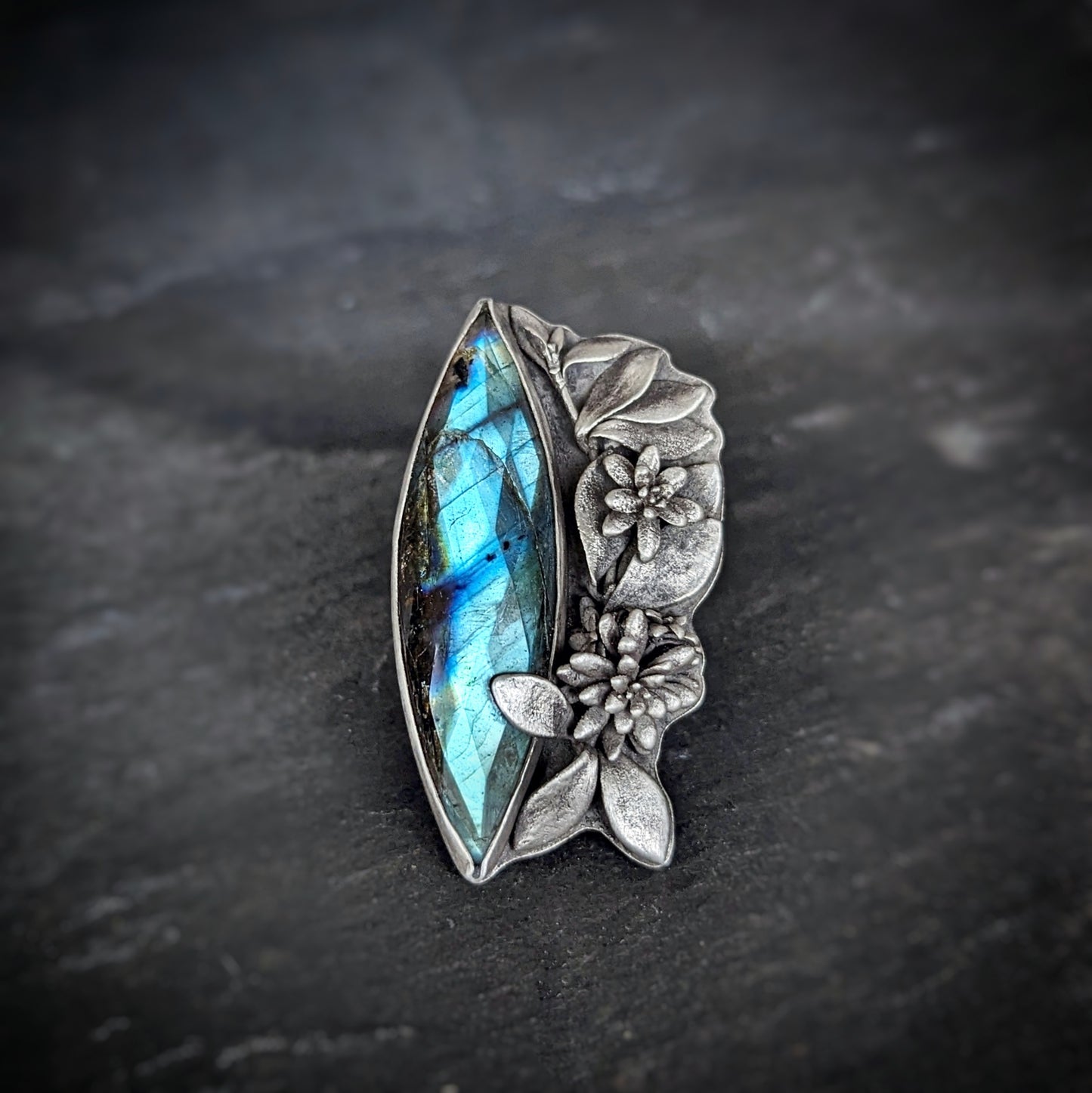 Midnight Garden- artisan sterling silver botanical ring with faceted labradorite