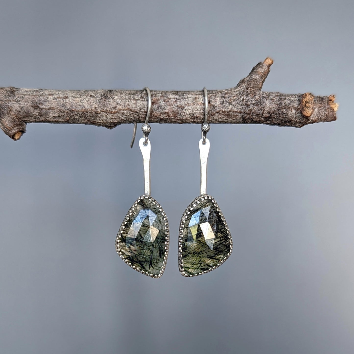 Rare green rutilated quartz earrings