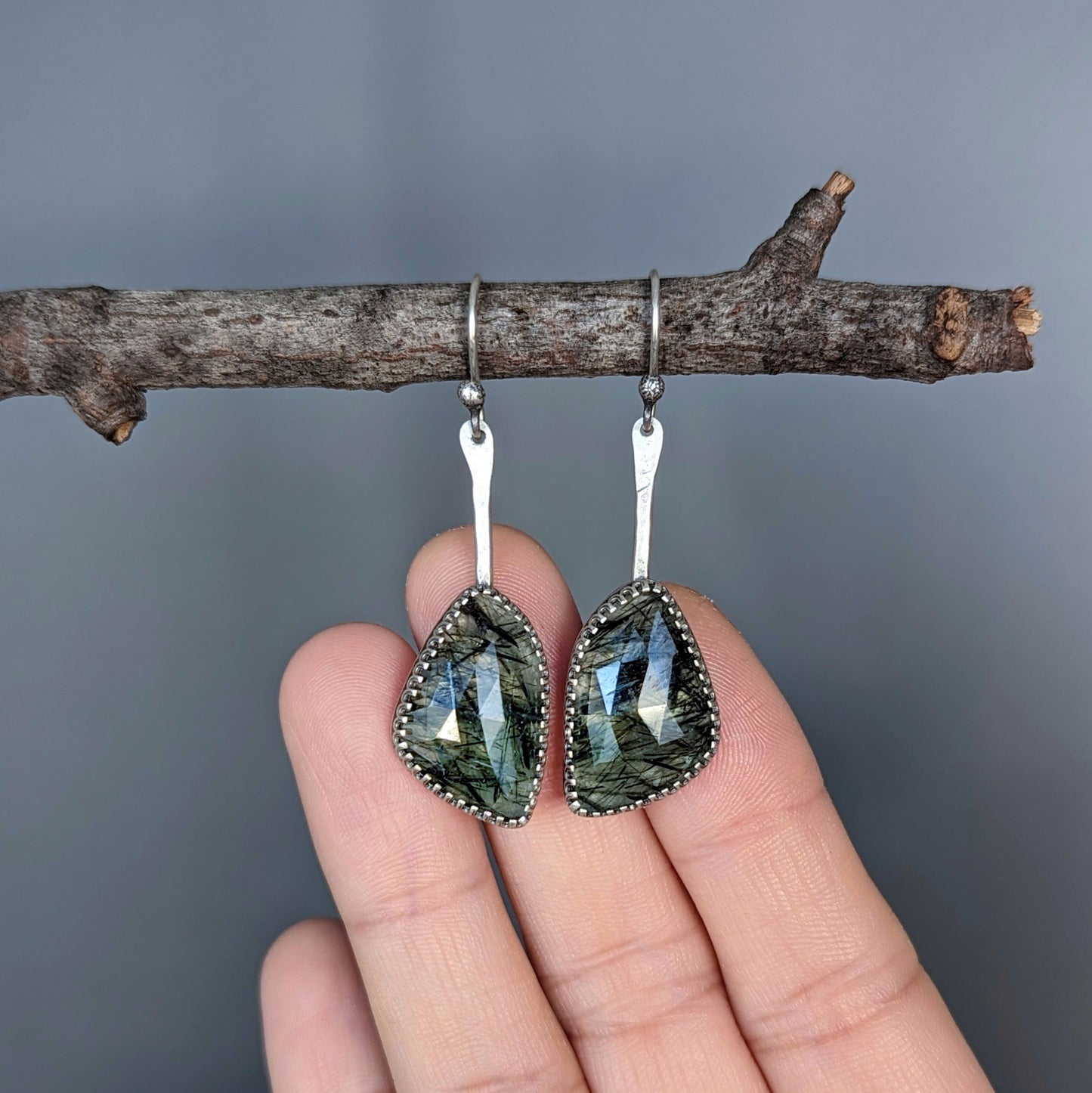 Rare green rutilated quartz earrings