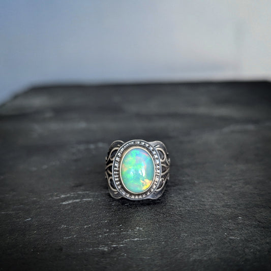 Genuine opal sterling silver artisan signet ring