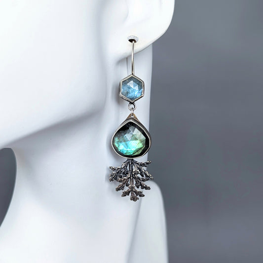 Kyanite and labradorite earrings with sterling evergreens