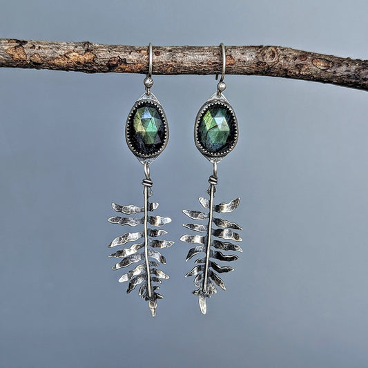 Rare green faceted labradorite and sterling silver fern botanical earrings