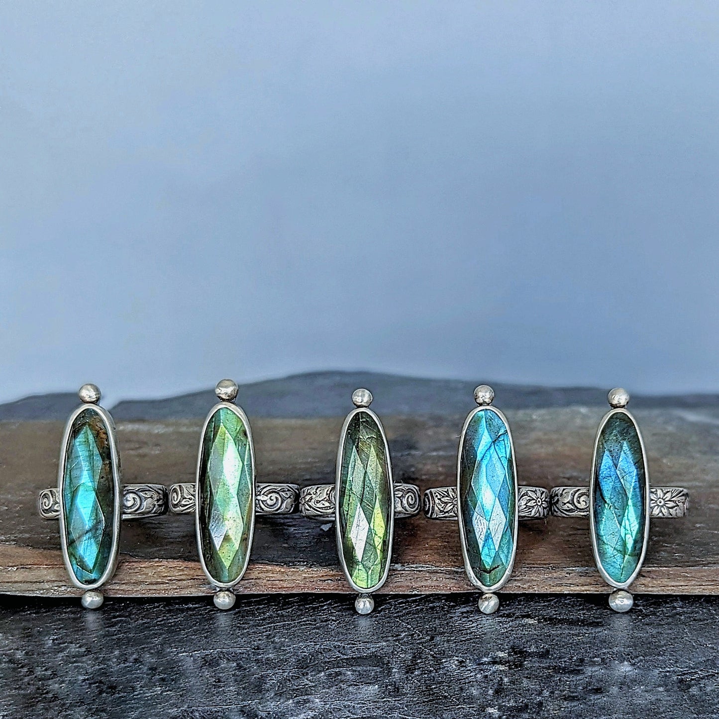 Faceted labradorite sterling silver statement ring