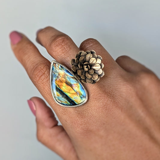 Labradorite and Bronze Succulent Statement Ring
