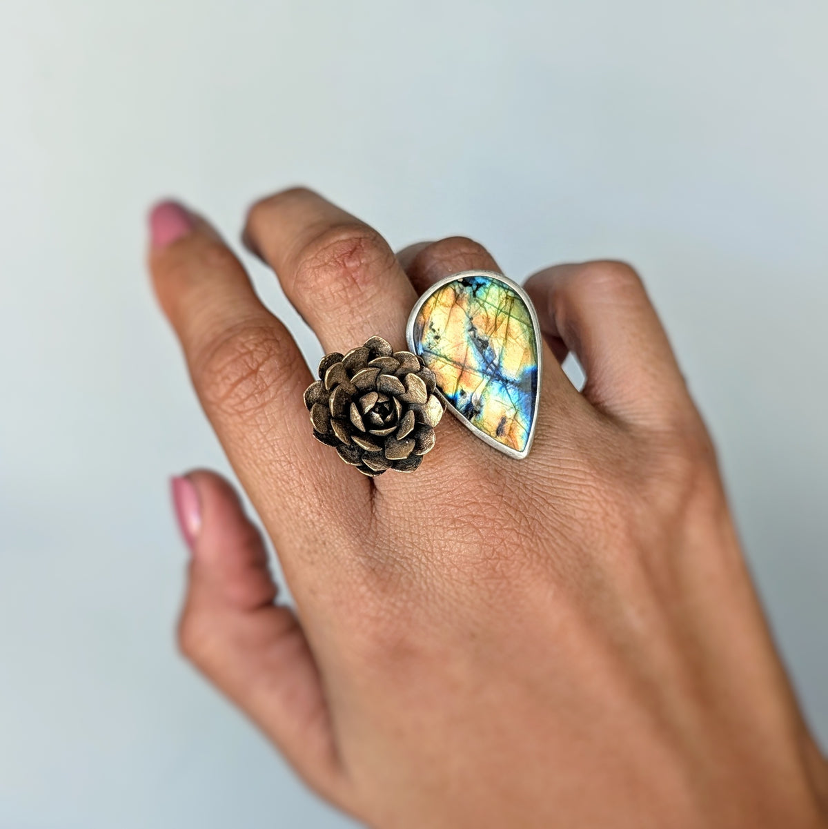 Labradorite and Bronze Succulent Statement Ring