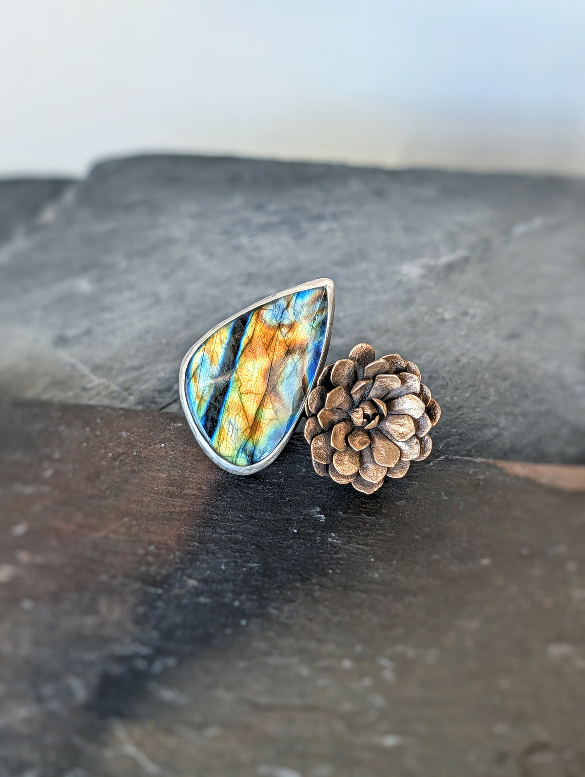 Labradorite and Bronze Succulent Statement Ring