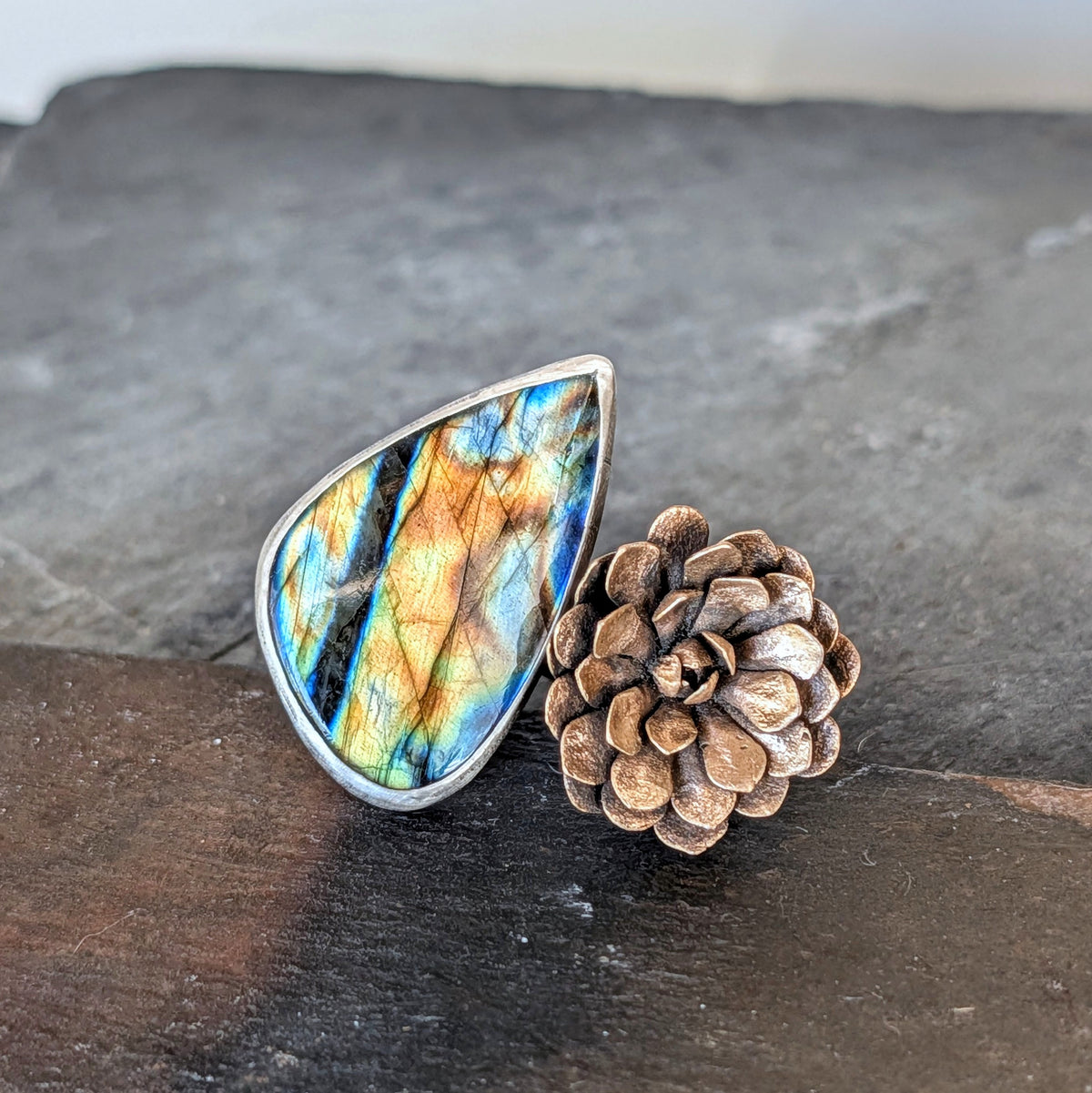 Labradorite and Bronze Succulent Statement Ring