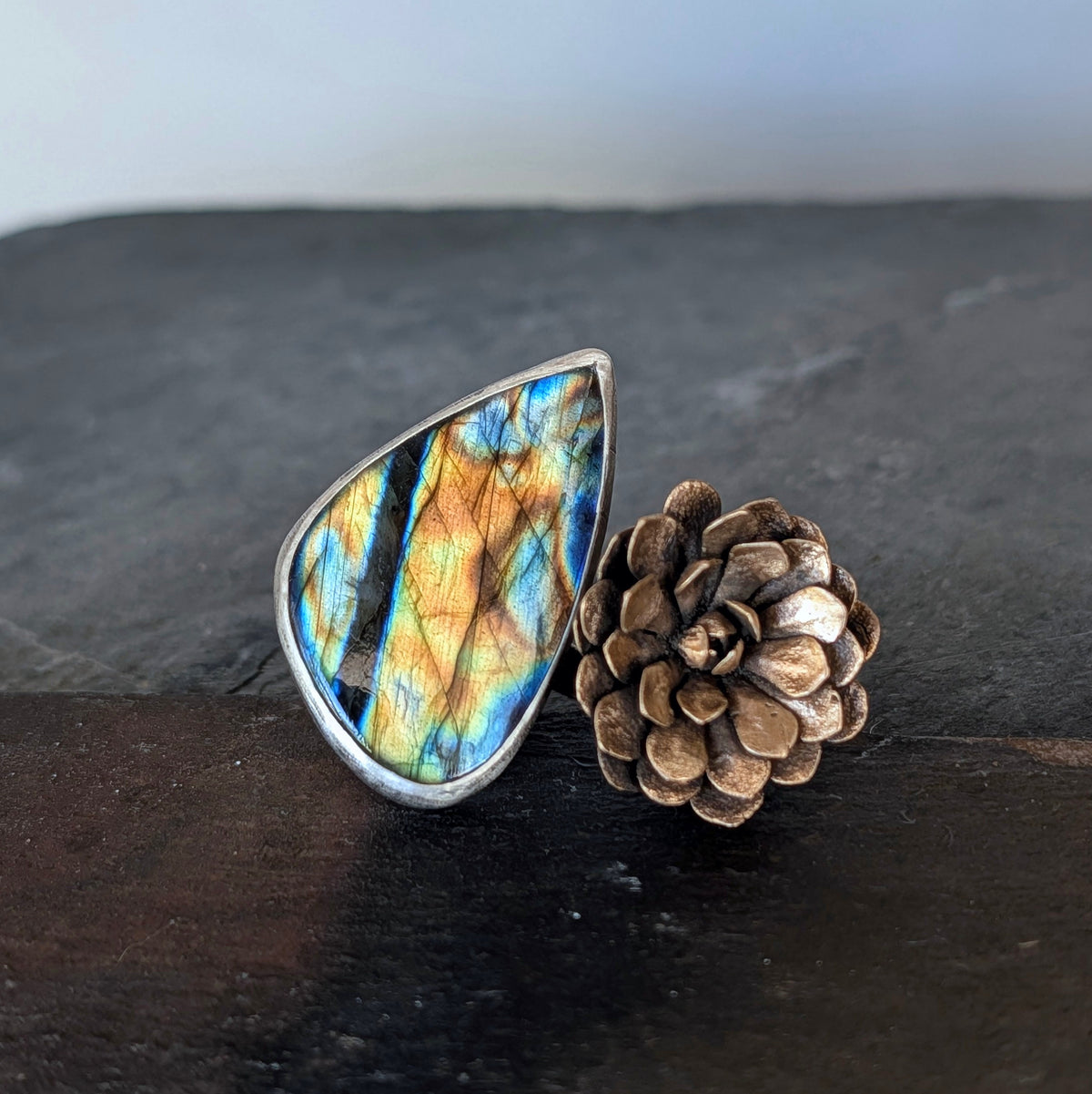 Labradorite and Bronze Succulent Statement Ring