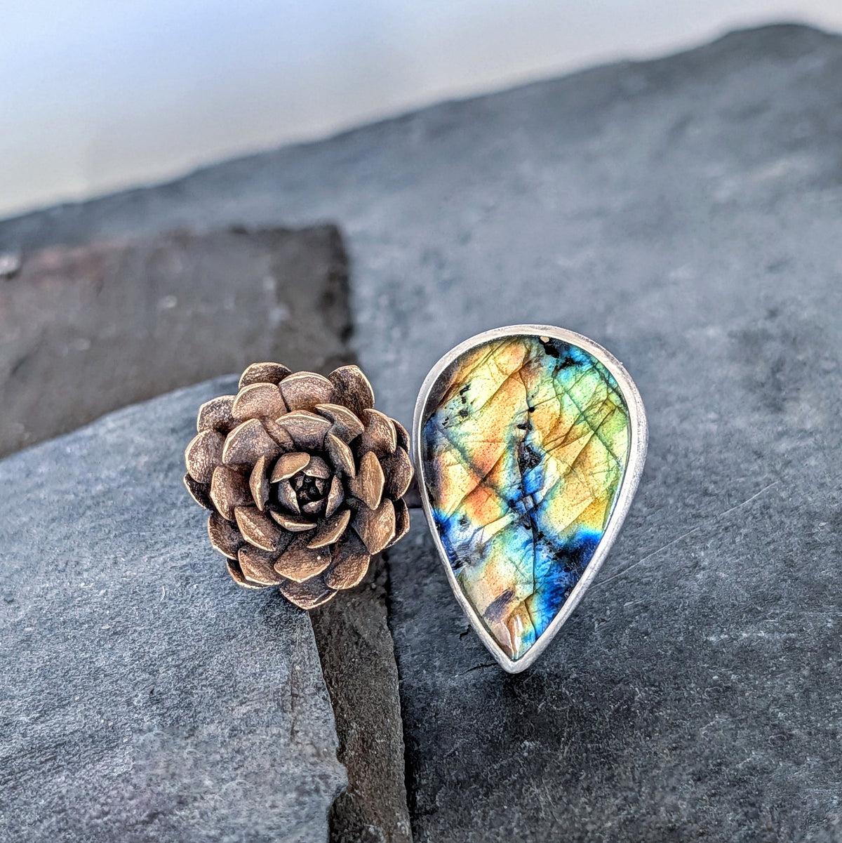 Labradorite and Bronze Succulent Statement Ring